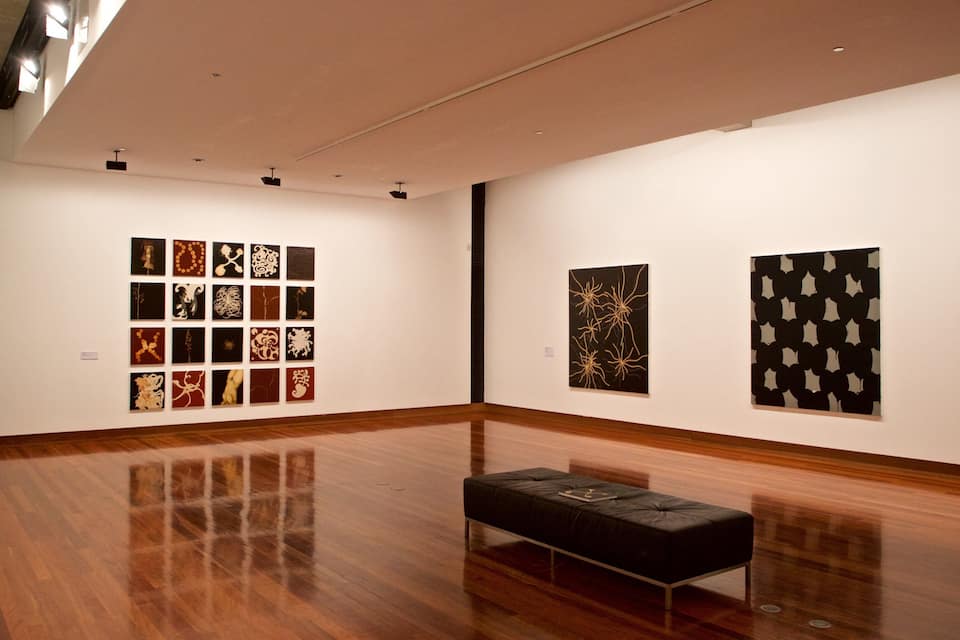 An art gallery with wooden floors and white walls.