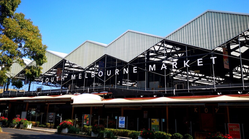 Melbourne, Australia: March 2019: South Melbourne Market first opened in 1867 and is still selling fresh produce and ethnic foods. The multifaceted rooftop captures and recycles rainwater.