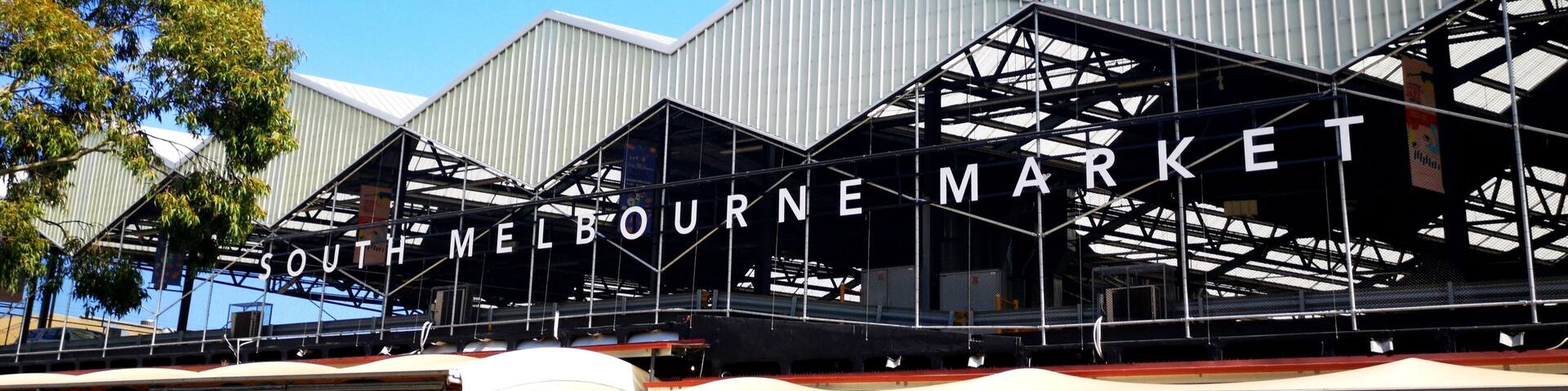 Melbourne, Australia: March 2019: South Melbourne Market first opened in 1867 and is still selling fresh produce and ethnic foods. The multifaceted rooftop captures and recycles rainwater.
