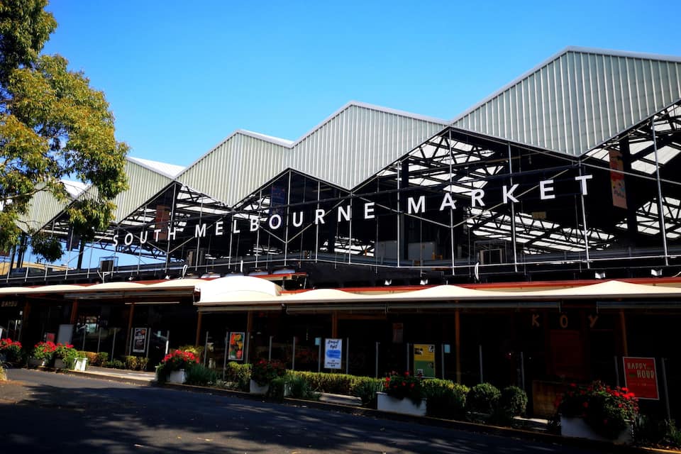 The South Melbourne Market with its distinctive metal framework and signage.