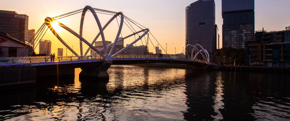 Southbank Promenade featuring a sunset, a bridge and a bay or harbor