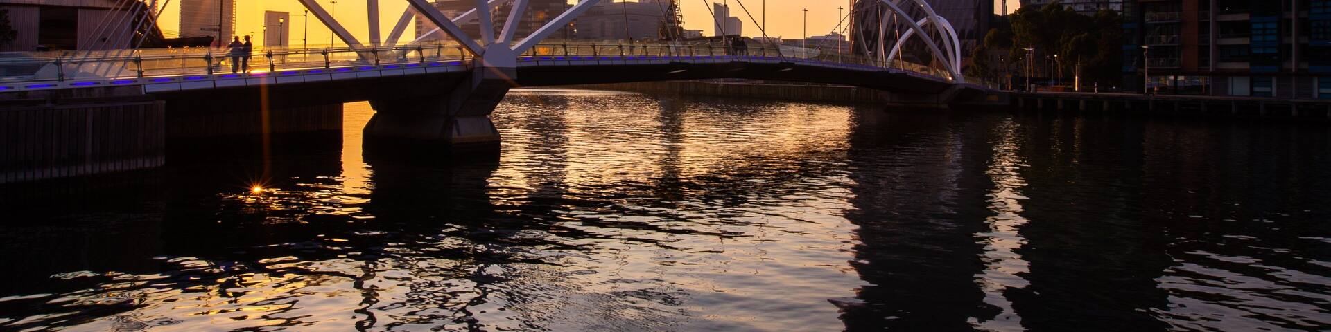Southbank Promenade featuring a sunset, a bridge and a bay or harbor