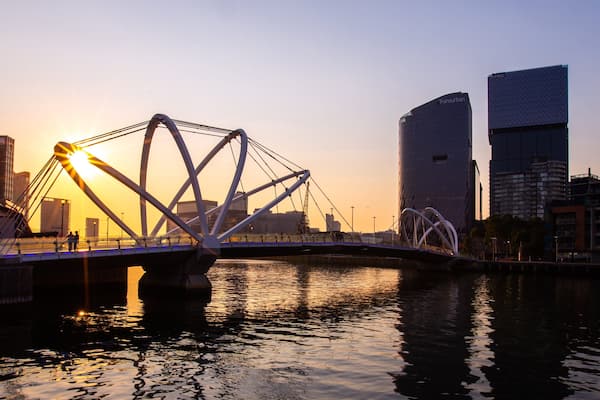 Southbank Promenade featuring a sunset, a bridge and a bay or harbor