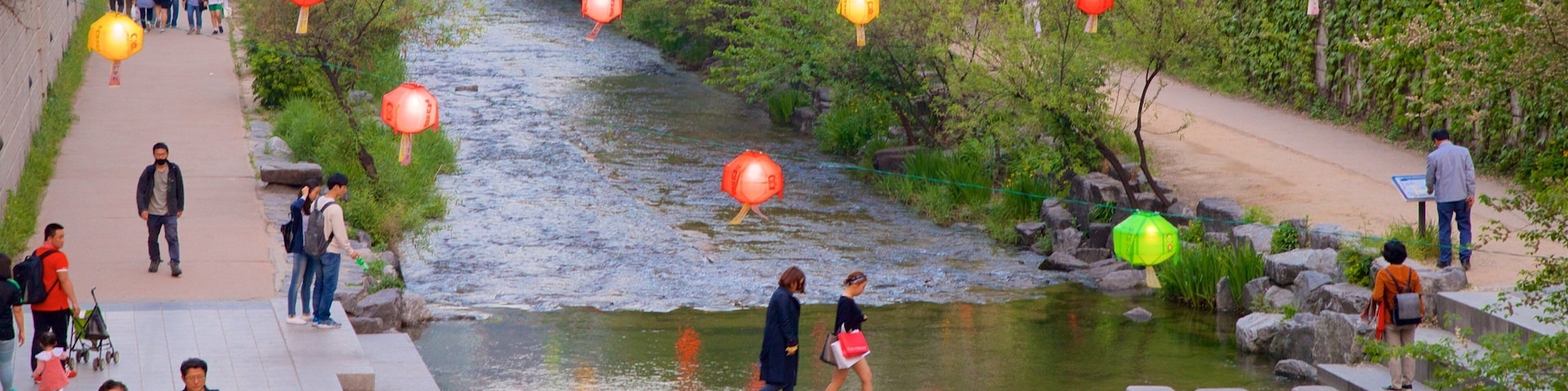 Cheonggyecheon que incluye un río o arroyo y un parque y también un grupo pequeño de personas