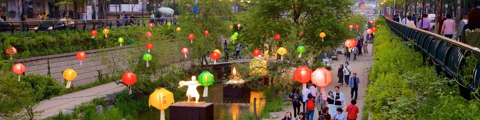 清溪川 其中包括 城市, 公園 和 夕陽