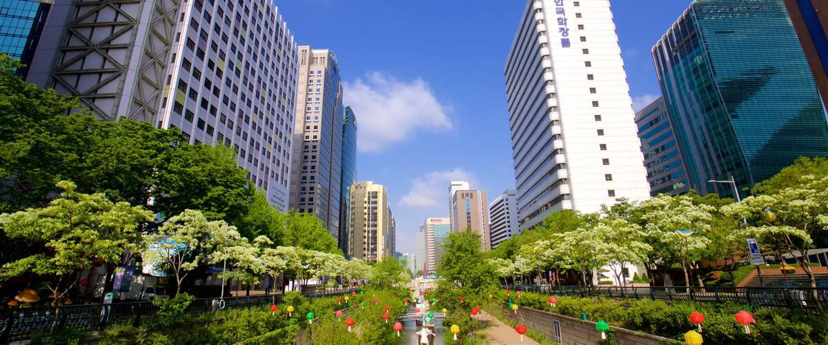 Cheonggyecheon which includes a river or creek, a garden and a city