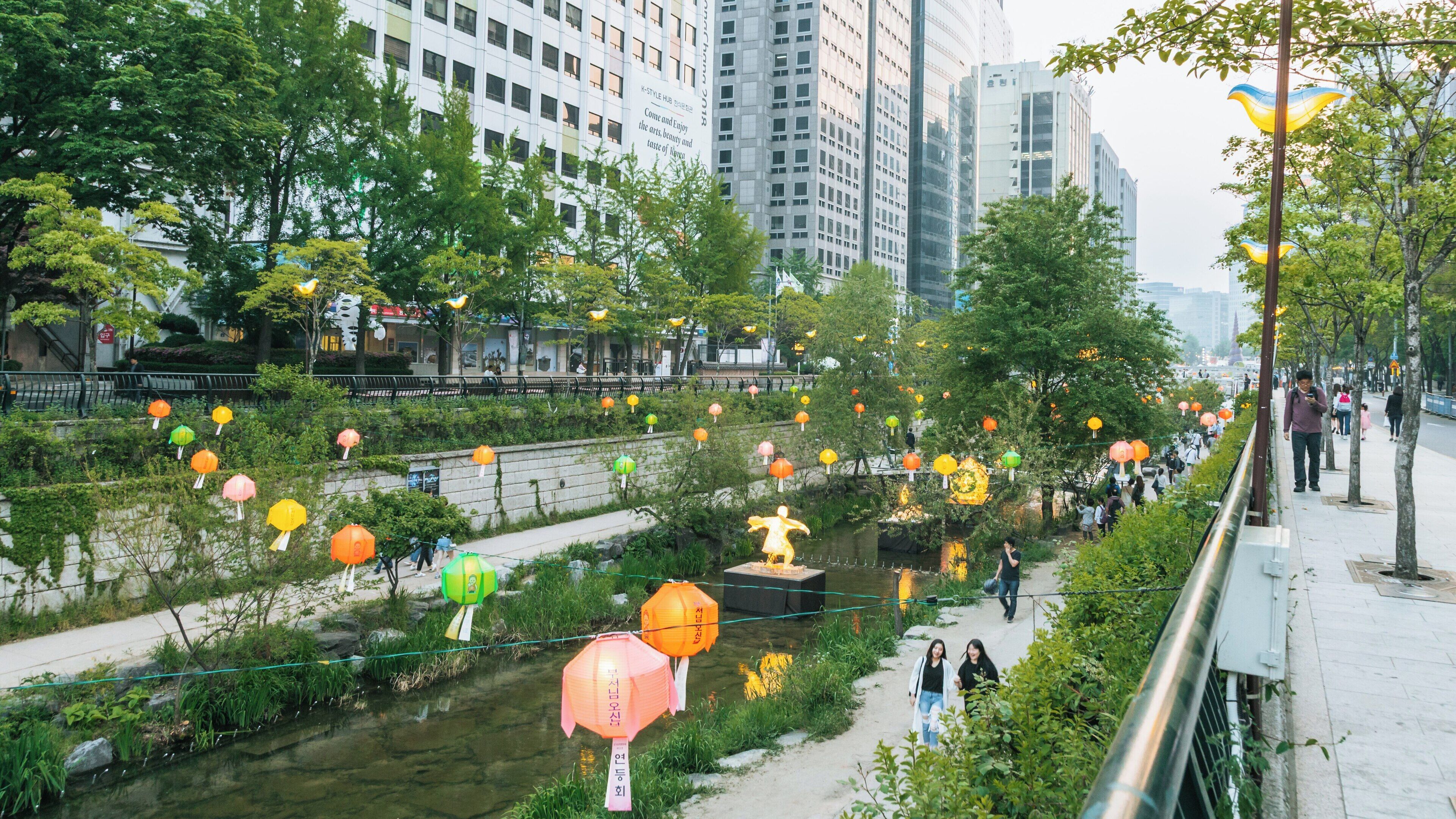 Cheonggyecheon in Jongno-gu, Seoul showcases vibrant lanterns along the serene stream during evening strolls in springtime