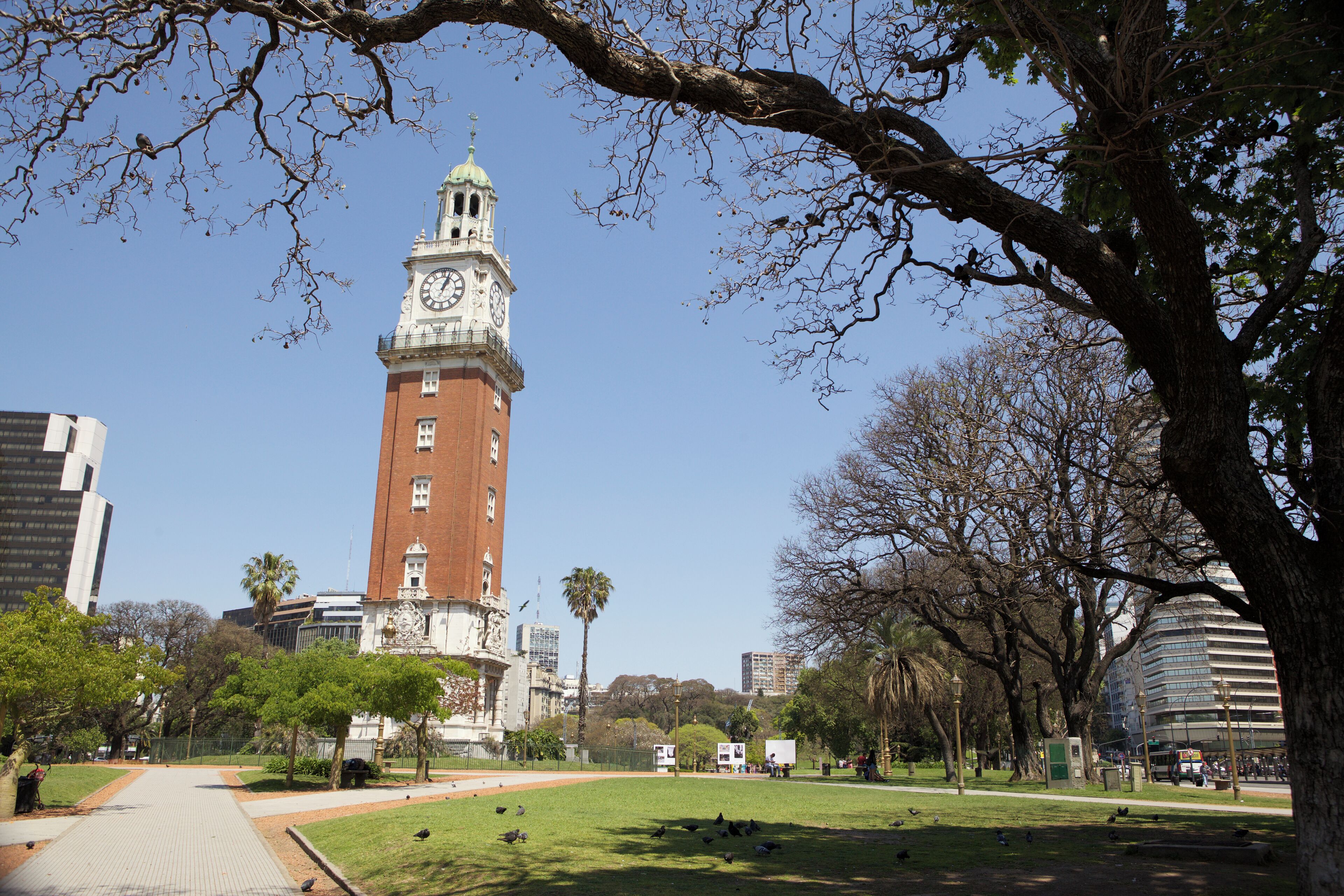 Un parque con una torre del reloj, árboles y un cielo azul despejado.