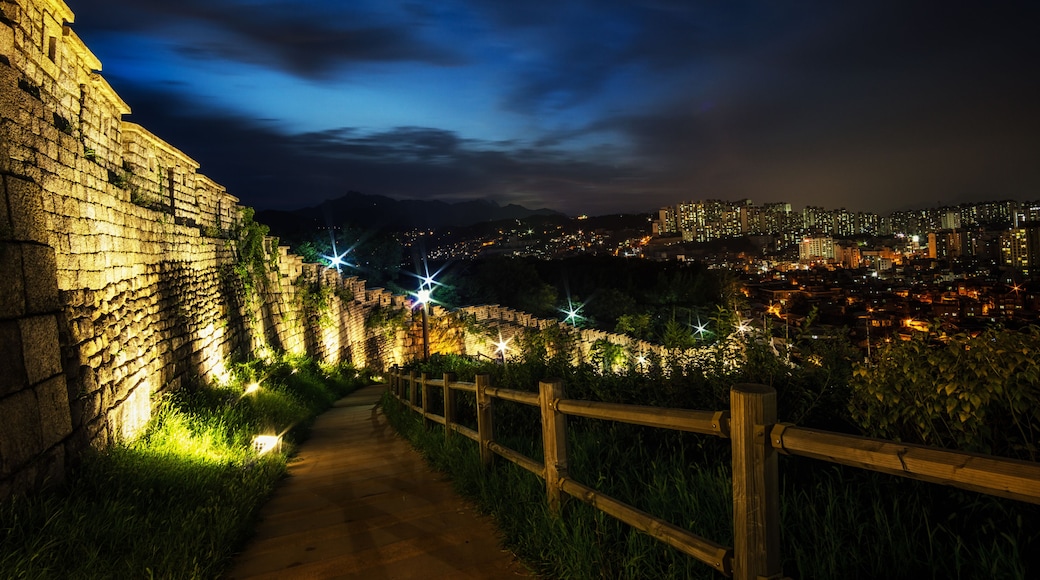 A nighttime cityscape with a historic stone wall and a pathway leading towards the city lights.