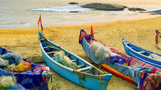Away from the hustle and bustle of the city of Mangalore, this is a relatively secluded beach. Colorful fishing boats đŁ, beautiful view of the sunset đ
and some soul searching on a huge rock outcrop (not in pic) extending into the sea đ - just some few things that this beach offers. For the history buffs, it's also famous for the nearby temple of Lord Shiva, which was apparently built at the order of the King đ of the Alupa dynasty in 10th century A.D. đ±
Food đ„ for thought: Don't forget to try the local version of the snack "bhel", which is made out of puffed rice, vegetables, spices, coconut oil and tangy tamarind sauce