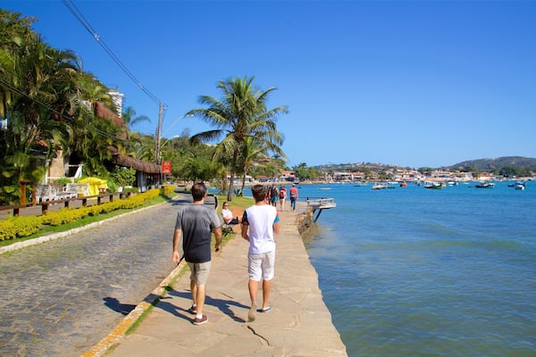 A coastal promenade with palm trees, a stone pathway, and a view of boats on the water.