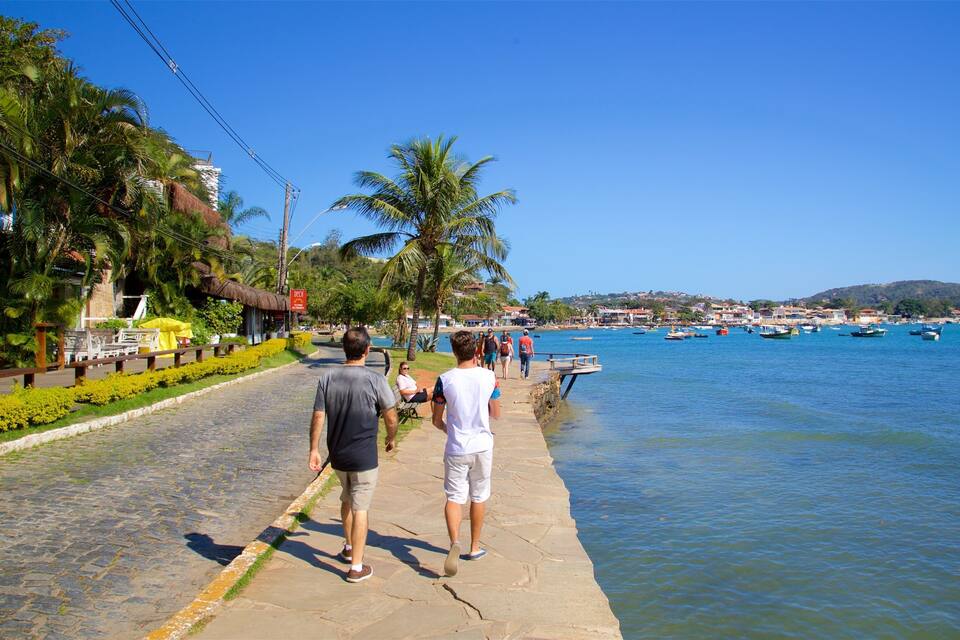 Un paseo marítimo con palmeras, un camino de piedra y vistas a barcos en el agua.