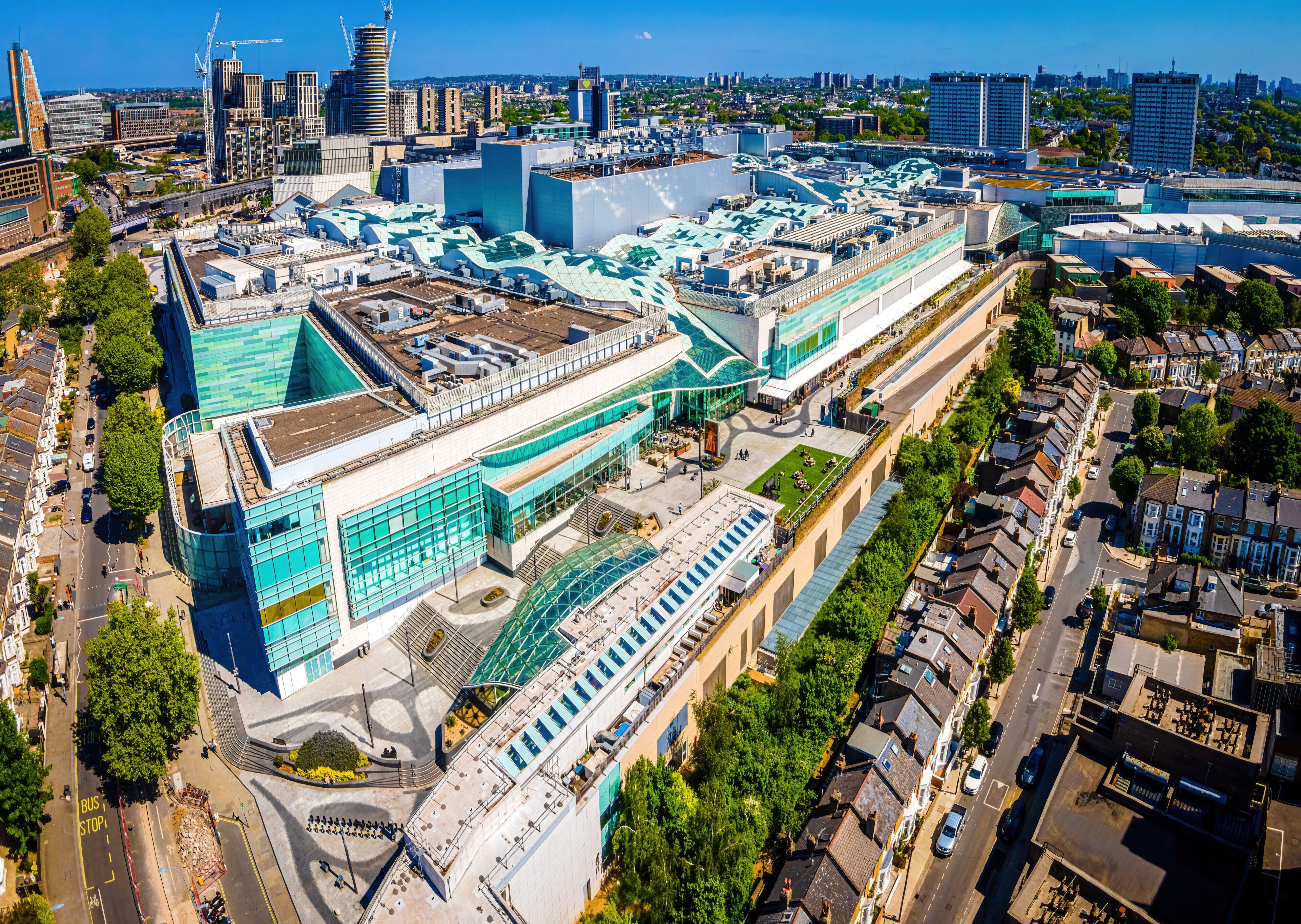The aerial view of Shepherds Bush and Westfield area in London