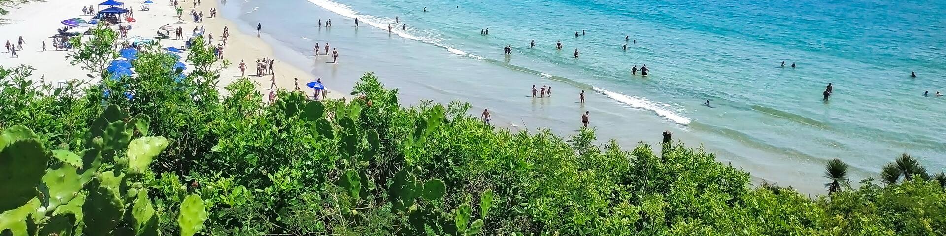 A coastal beach with clear turquoise waters, a sandy shore, and lush greenery in the foreground.