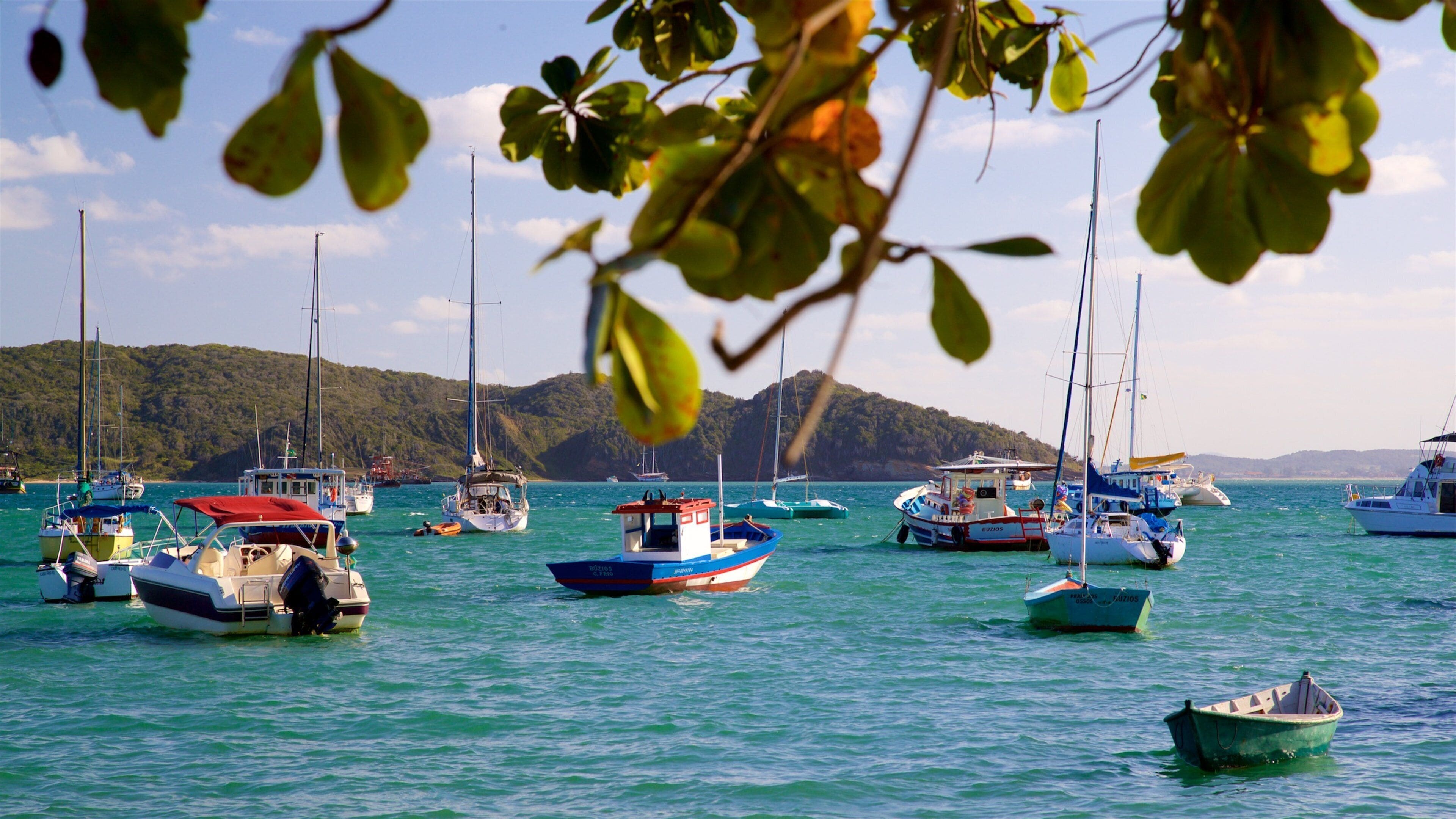 Marina com diversos barcos atracados, rodeada por uma paisagem montanhosa.
