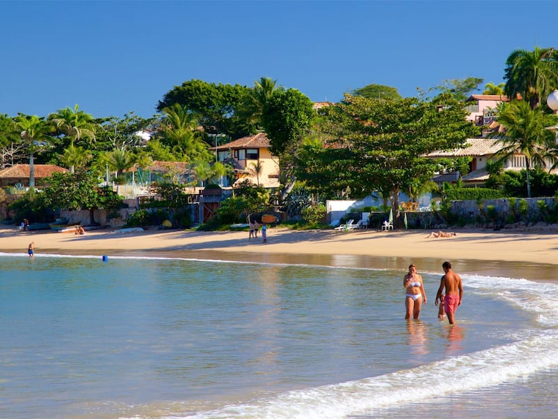 A beach with clear water, palm trees, and beach houses.