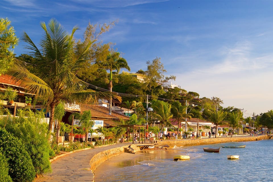 A coastal town with a beach, palm trees, and boats.