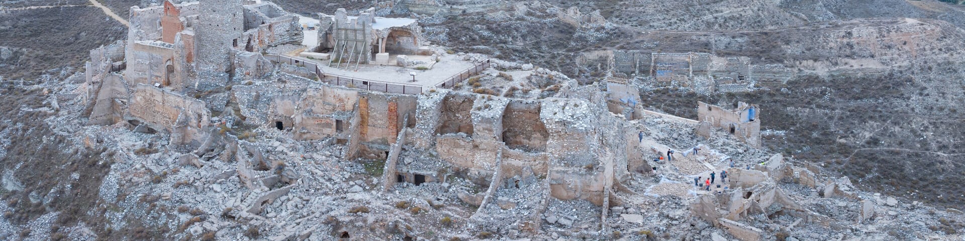 Aerial view from a drone of the old town of Rodén in the municipality of Fuentes de Ebro, in the Central Region of the province of Zaragoza. Aragon, Spain, Europe