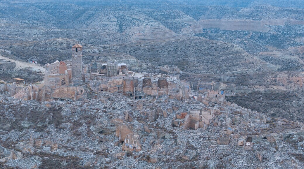 Aerial view from a drone of the old town of Rodén in the municipality of Fuentes de Ebro, in the Central Region of the province of Zaragoza. Aragon, Spain, Europe