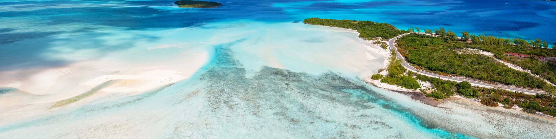 Aerial view of the north coast of Exuma island with Exuma Point Beach and sandbars in the cay, The Bahamas, Caribbean
