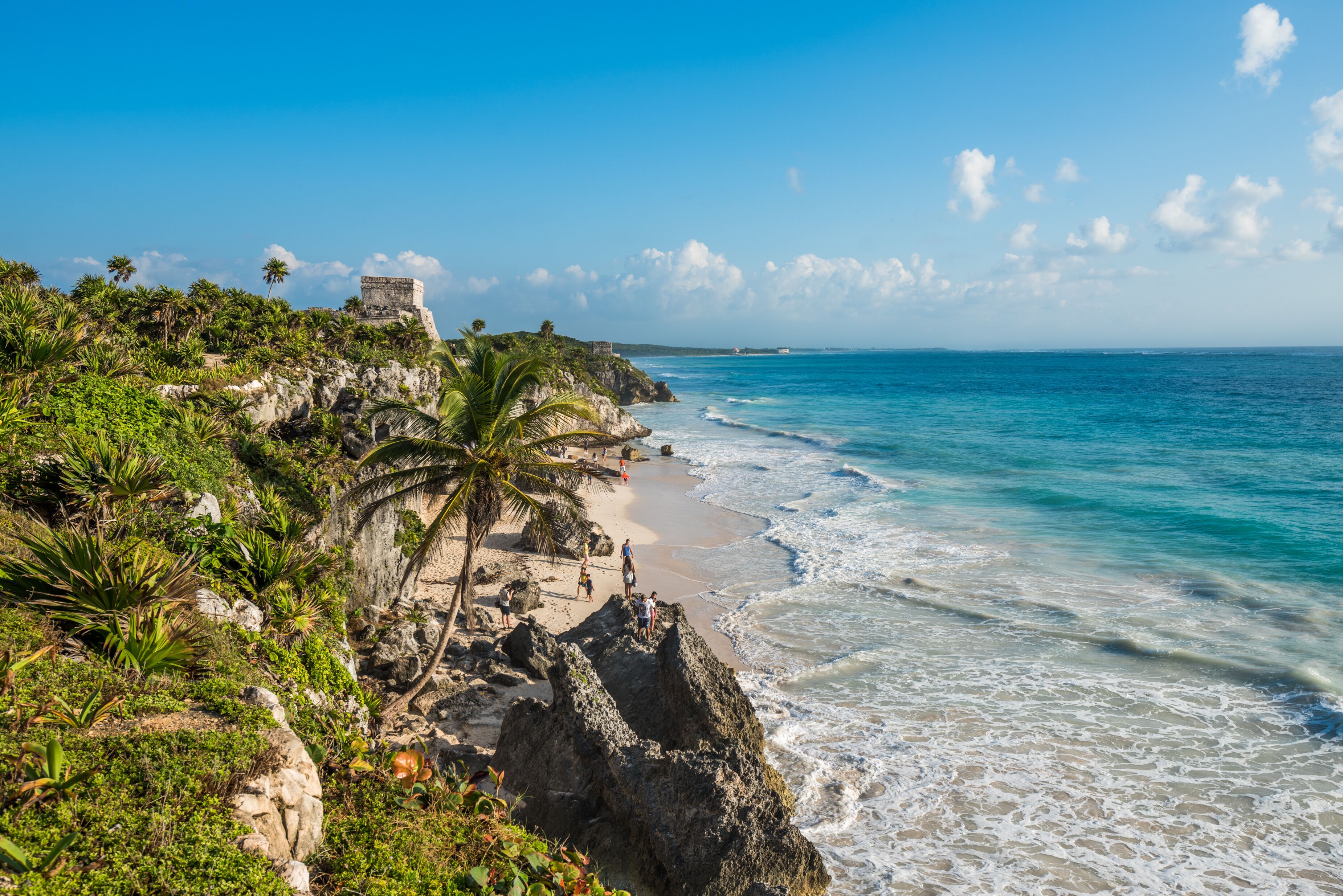 White sand beach and ruins of Tulum, Yuacatan, Mexico