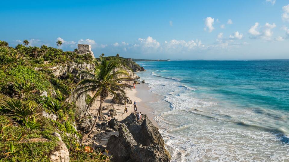 White sand beach and ruins of Tulum, Yuacatan, Mexico