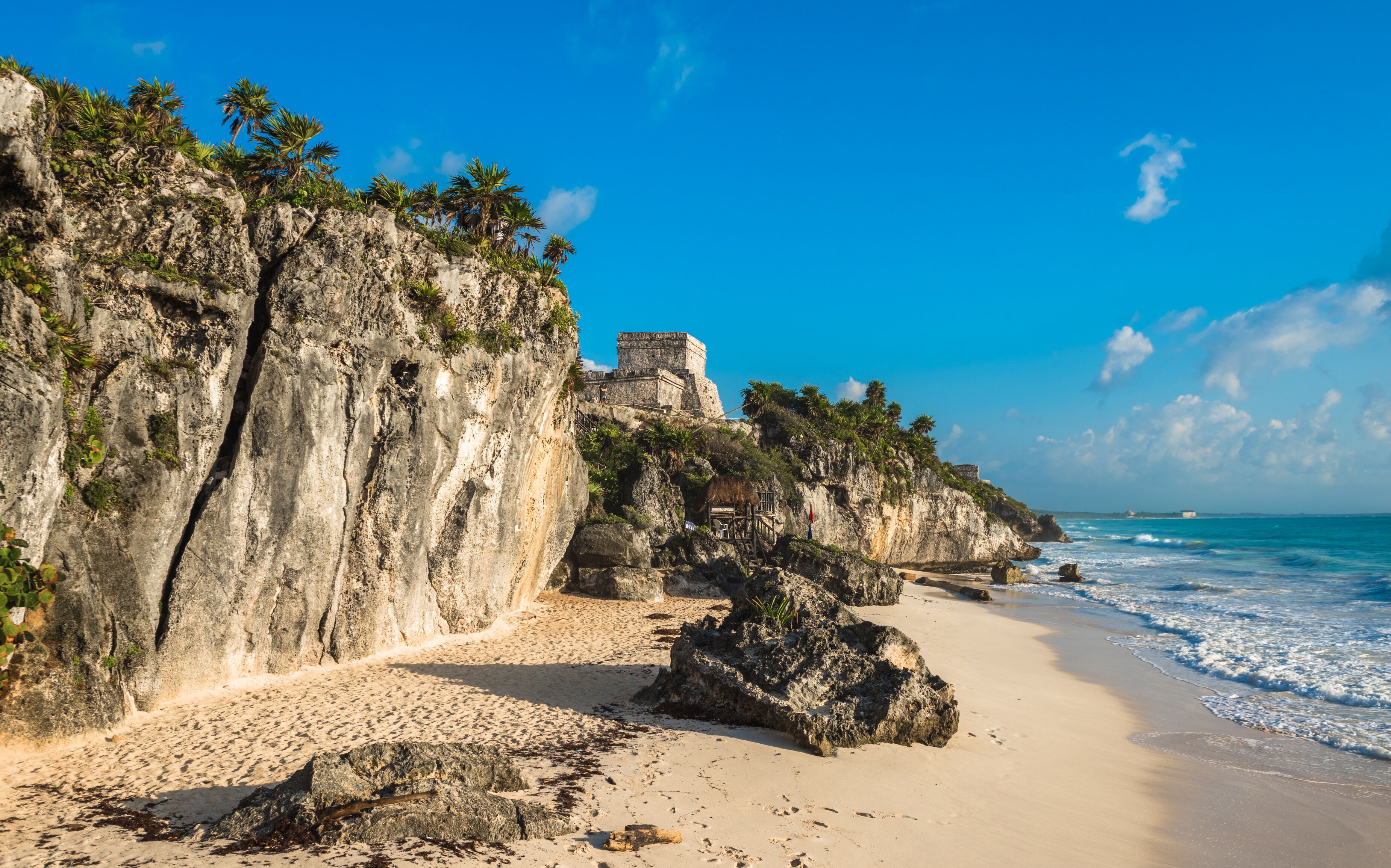 White sand beach and ruins of Tulum, Yuacatan, Mexico