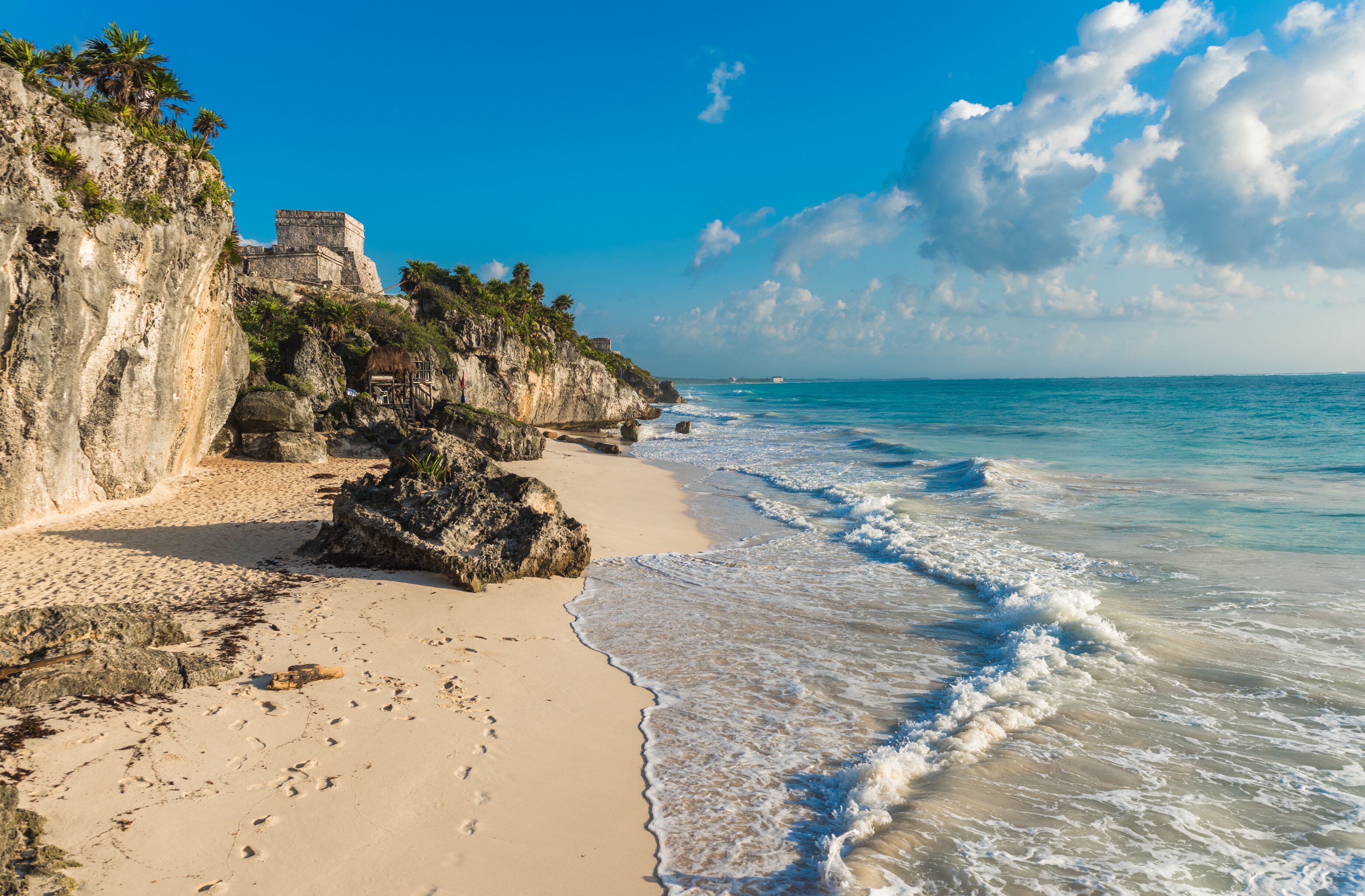 White sand beach and ruins of Tulum, Yuacatan, Mexico