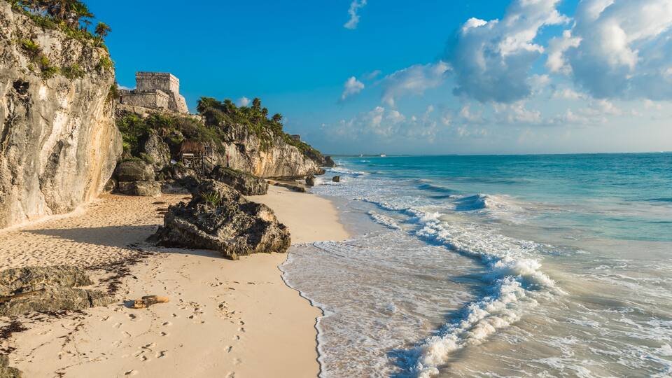 White sand beach and ruins of Tulum, Yuacatan, Mexico