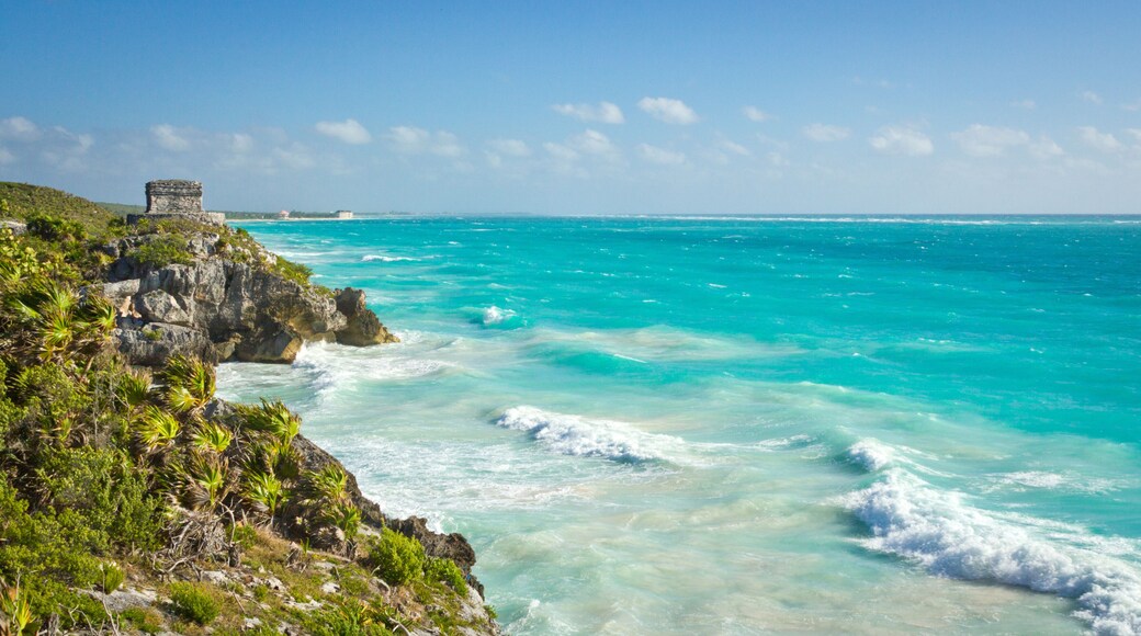 Ancient Mayan ruins in Tulum on the beach of Caribbean turquoise sea