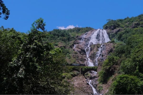 Ein Wasserfall stürzt über einen steinigen Hang, umgeben von üppiger Vegetation.