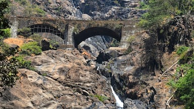 A waterfall cascading over rocks, a stone bridge, and lush greenery.