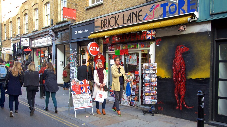 London featuring street scenes, markets and signage