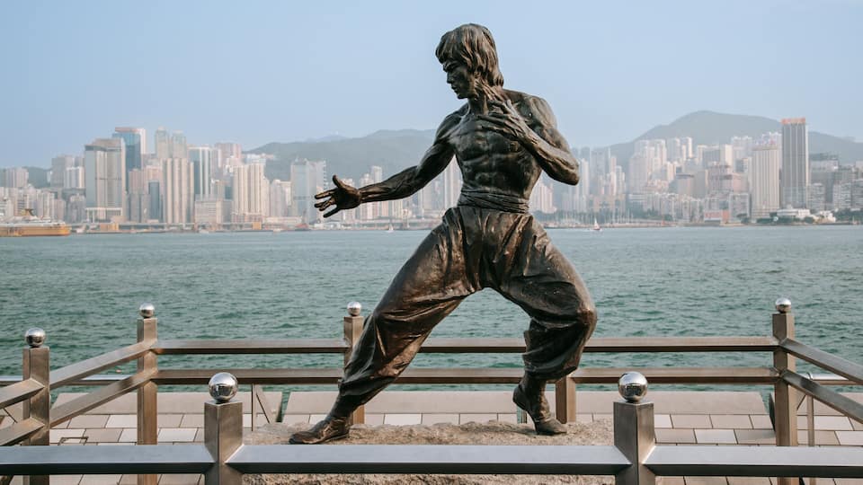 Estátua de bronze de um artista marcial em pose dinâmica, com vista para uma orla marítima e o horizonte de uma cidade ao fundo.
