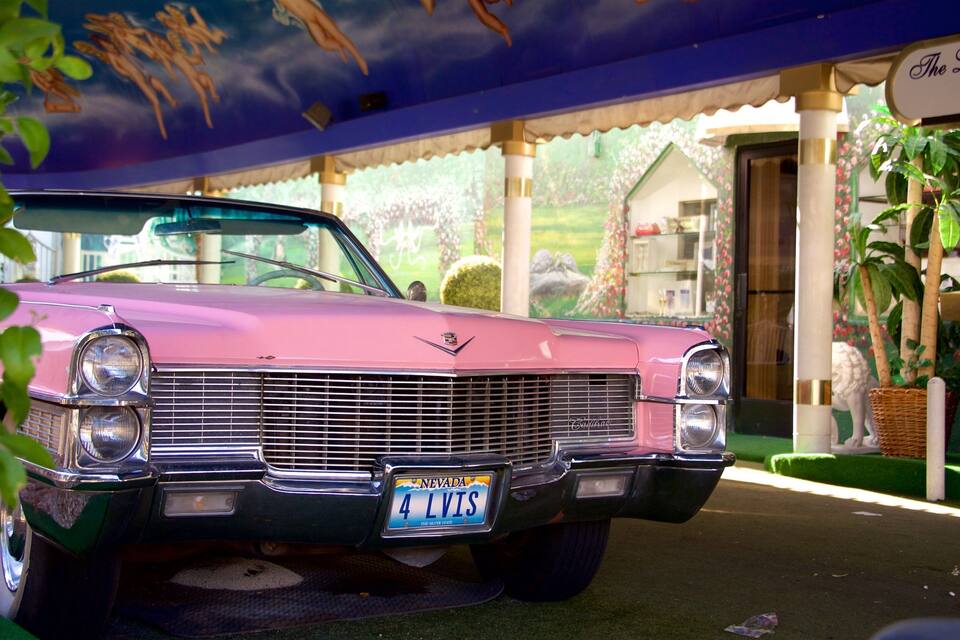 A pink vintage car parked under a colorful awning with a sign reading "The Little White Drive."