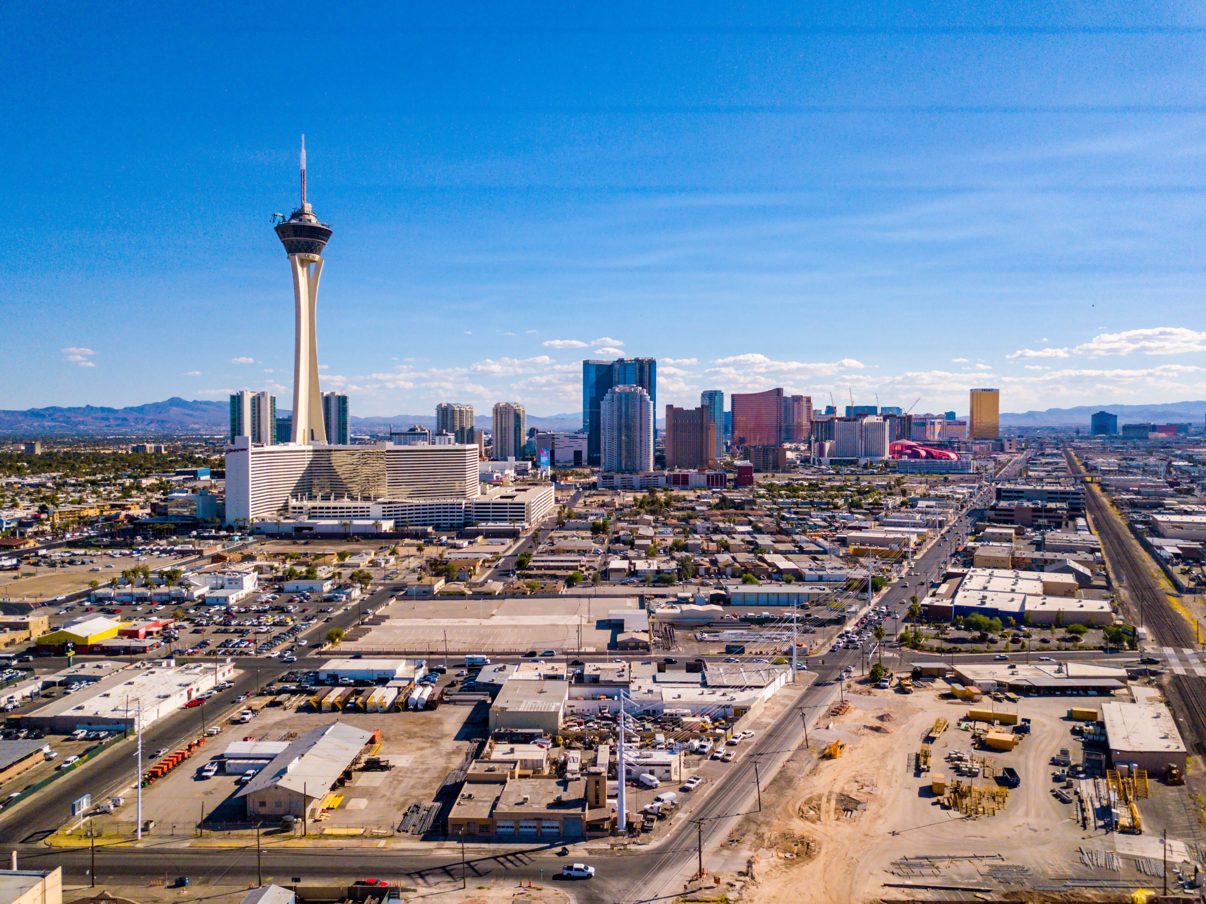 July 10, 2018. Las Vegas, USA. Aerial view of the Stratosphere hotel in Las Vegas by the strip. 