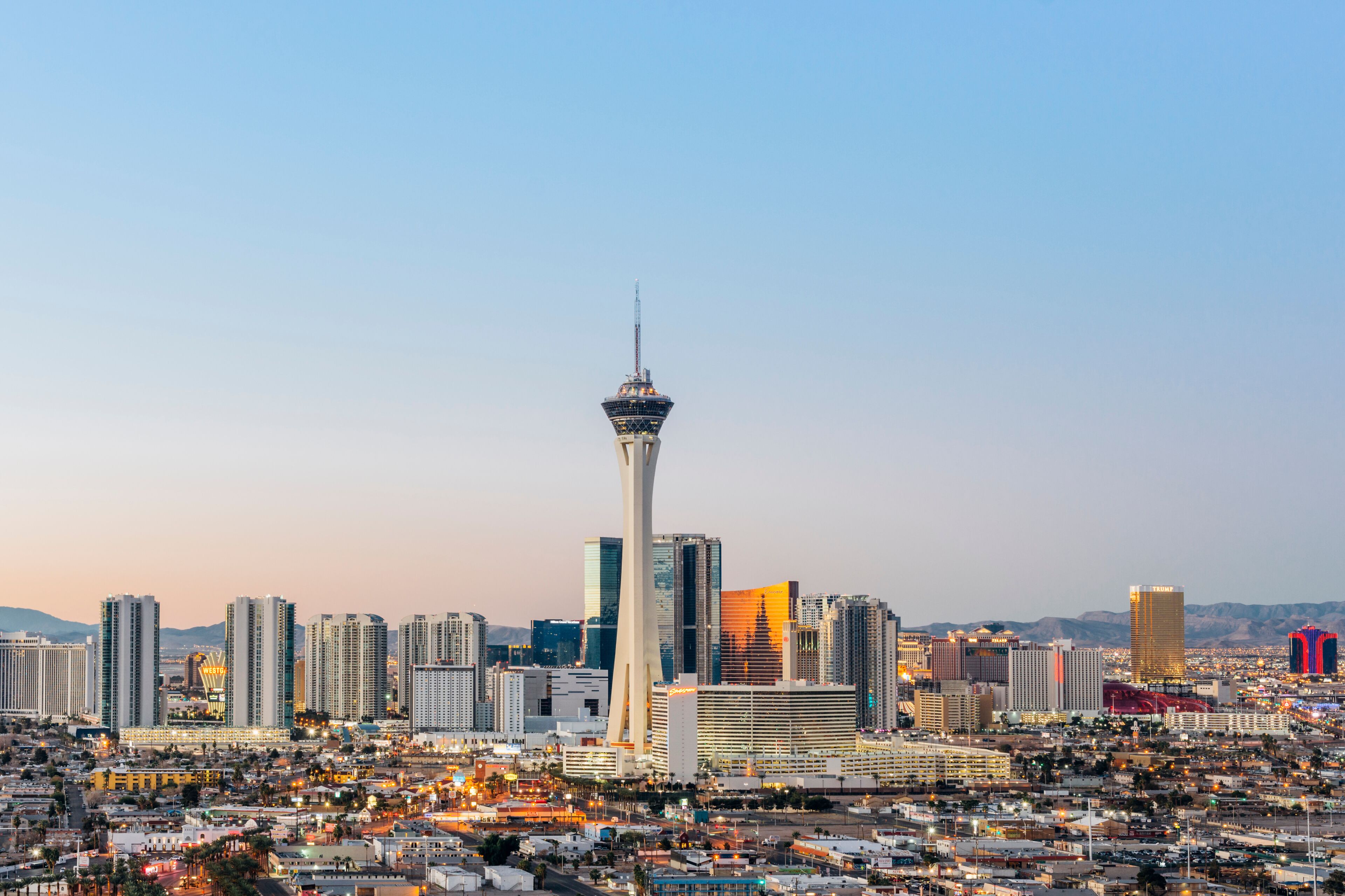 Las Vegas skyline at sunrise.