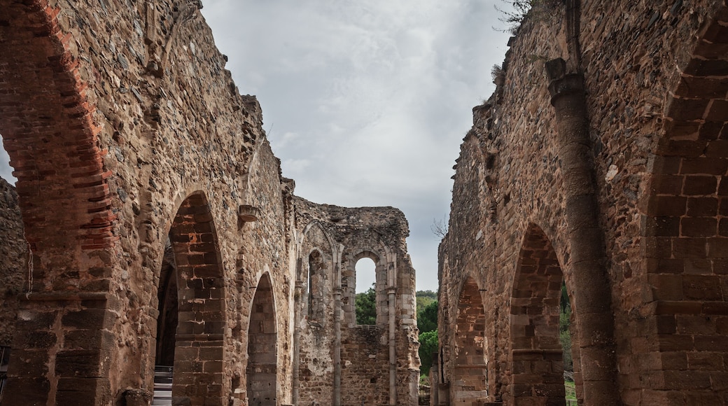 The ruins of the Old Saint-Pons Church, Ancienne Eglise Saint-Pons, in Collobrieres, France, showing stone arches, weathered walls and the open interior of the abandoned monument in Provence.