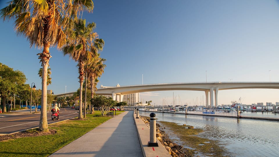 Coachman Park showing a river or creek, a sunset and a bridge