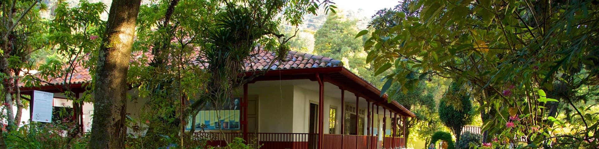 A traditional building with a tiled roof, surrounded by lush greenery and a cobblestone path.