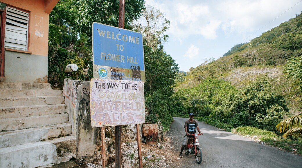 Mayfield Falls which includes signage and motorbike riding as well as an individual male