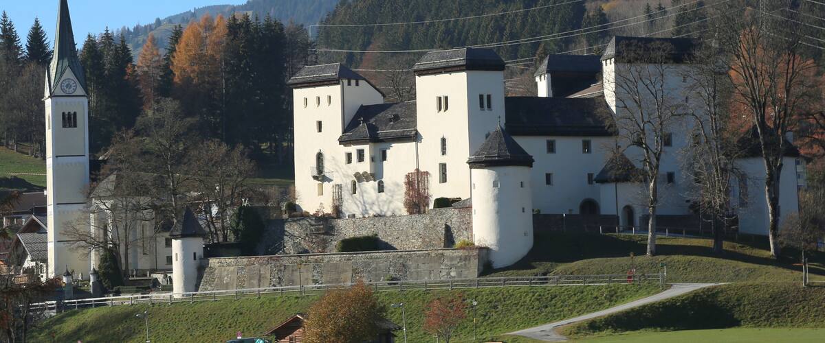 A historic castle with a church, surrounded by a forested hillside and a clear sky.