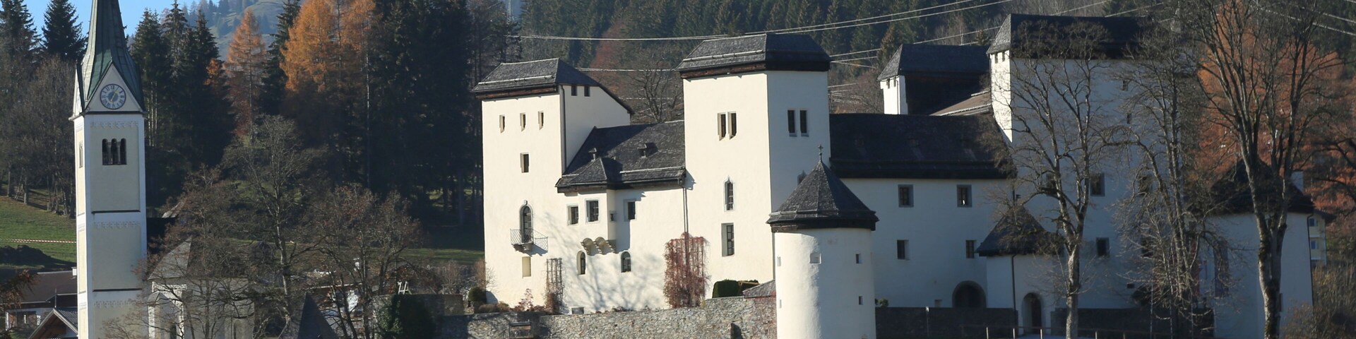 A historic castle with a church, surrounded by a forested hillside and a clear sky.