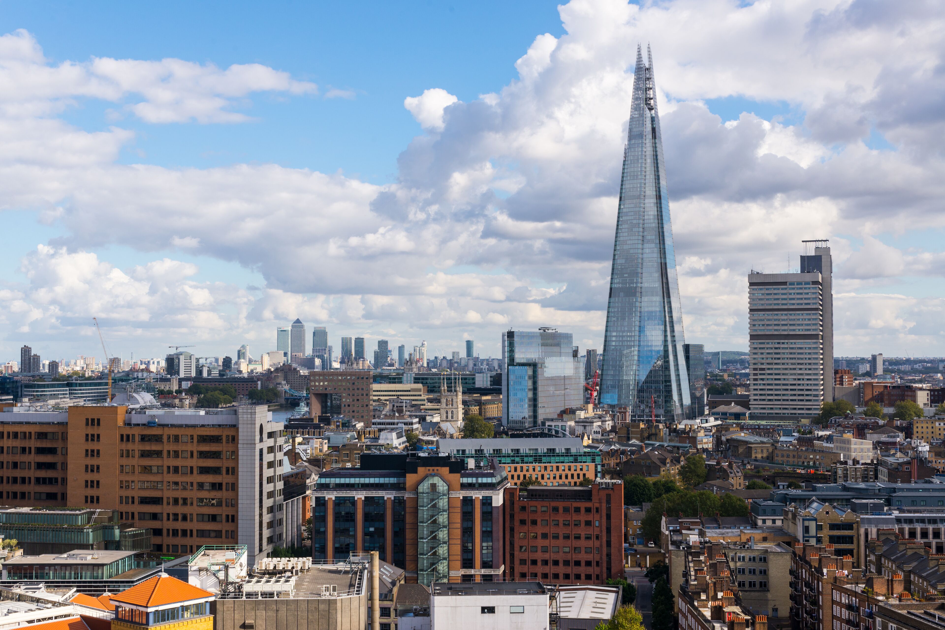 View of the Shard and Guy's Hospital with Canary wharf in the distance. 