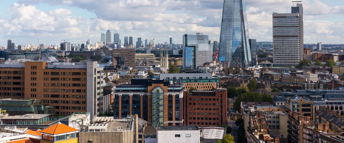 View of the Shard and Guy's Hospital with Canary wharf in the distance.