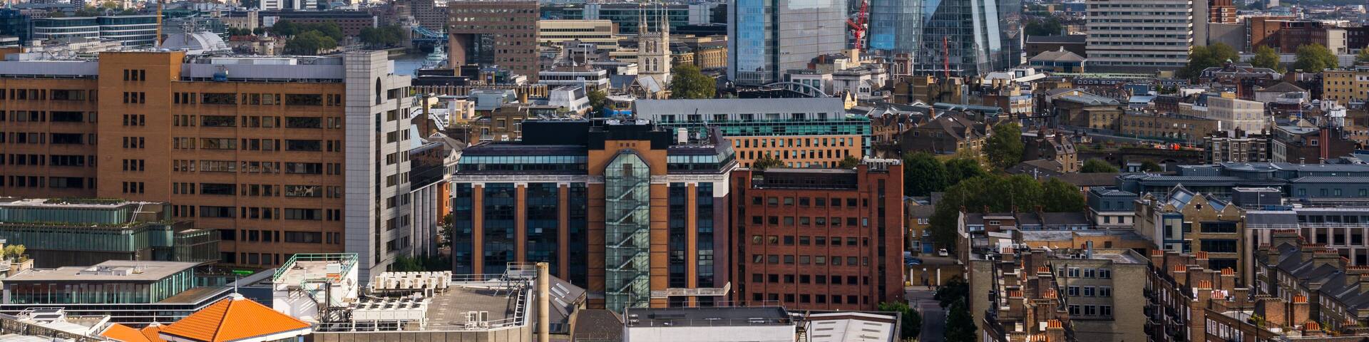 View of the Shard and Guy's Hospital with Canary wharf in the distance.