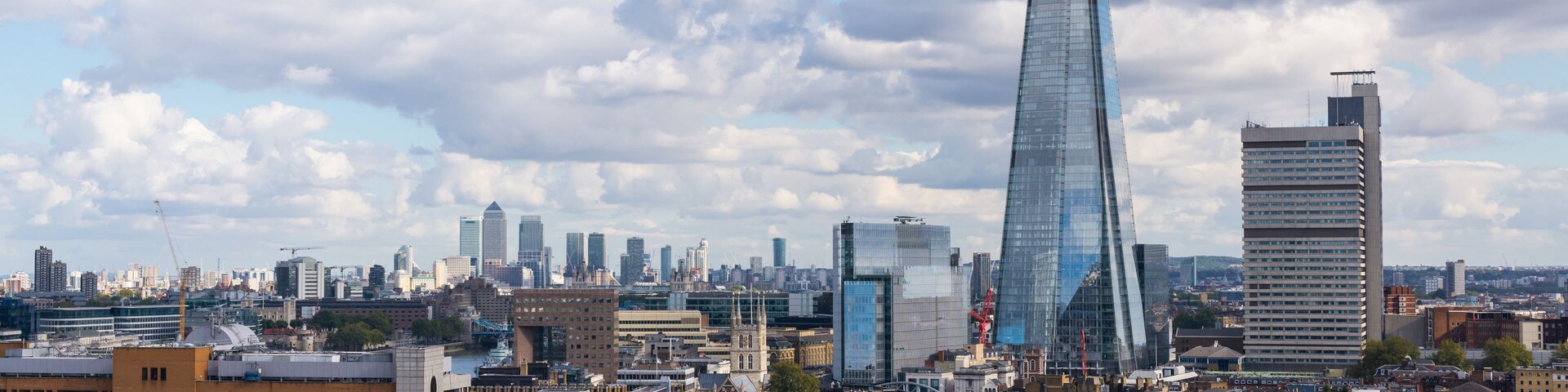 View of the Shard and Guy's Hospital with Canary wharf in the distance.
