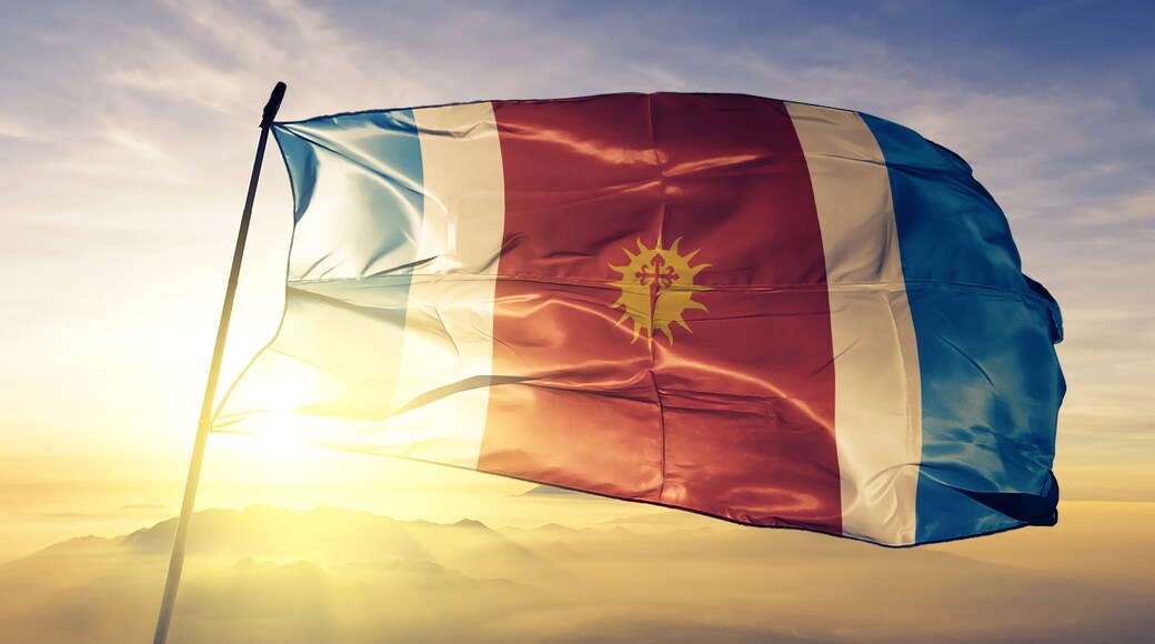 Santiago del Estero province of Argentina flag waving sunrise mist fog