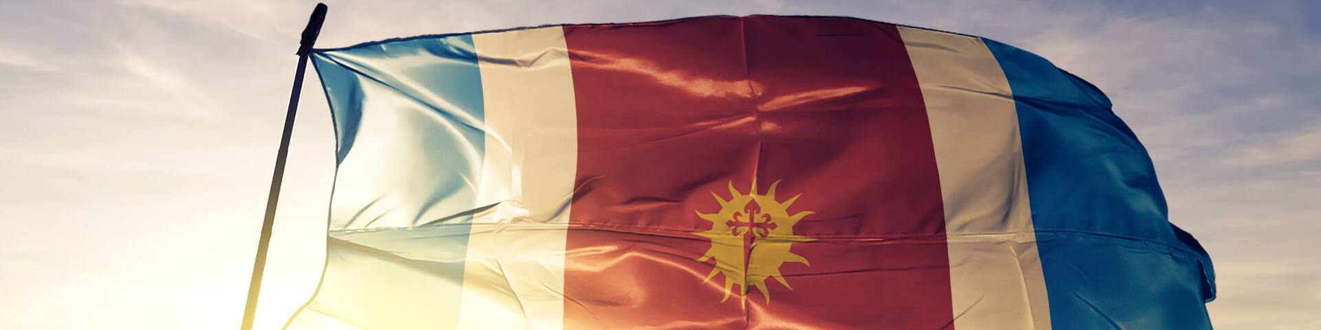 Santiago del Estero province of Argentina flag waving sunrise mist fog