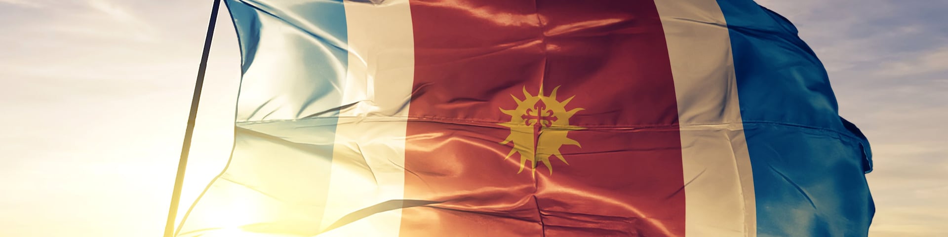Santiago del Estero province of Argentina flag waving sunrise mist fog